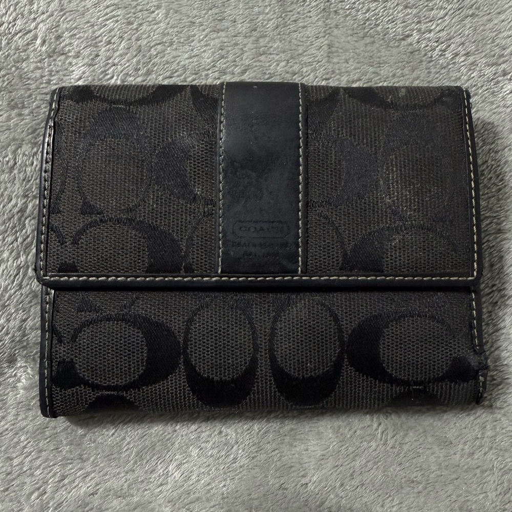 Vintage Coach Signature Tri Fold Wallet Coin Purse Black Leather Monogram Canvas